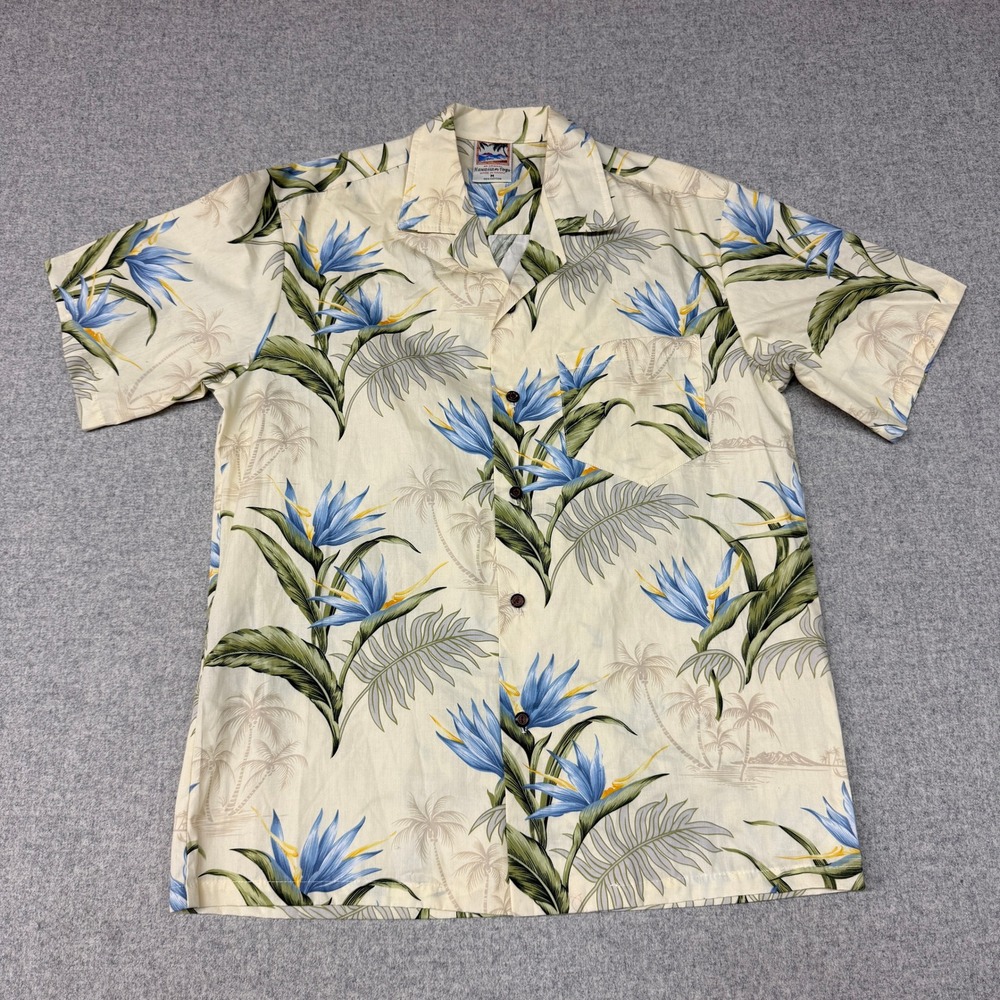 Hawaiian Togs Shirt Mens Medium Cream Blue Floral Bird of Paradise Cotton Aloha